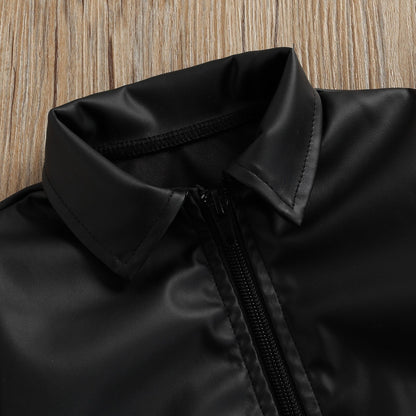 Conjunto de tops de cuero con cremallera y cuello vuelto de manga corta negros