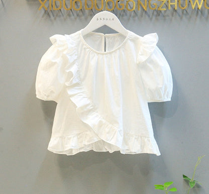 Conjunto corto para niños pequeños, camisa blanca con mangas abullonadas y pantalones cortos de encaje, parte inferior