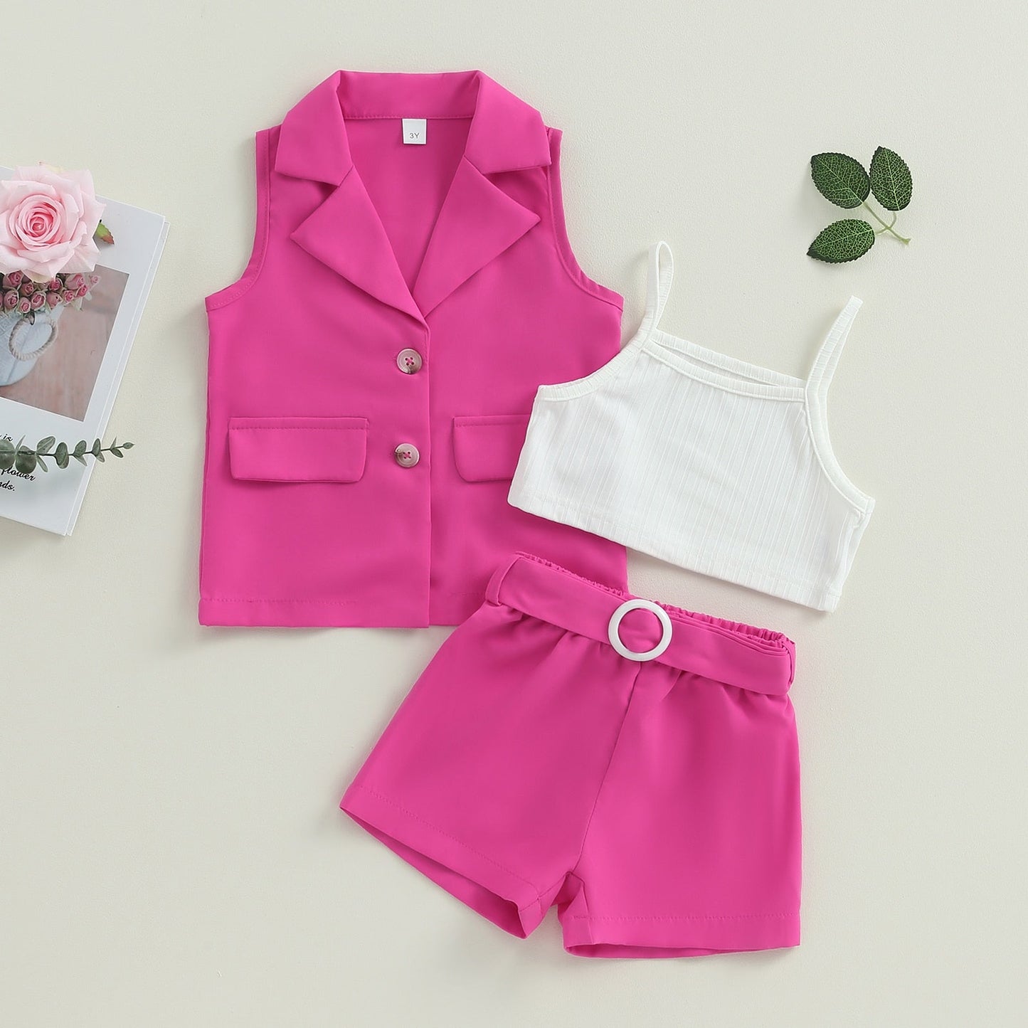 Conjuntos de verano de 3 piezas: blazer + tops tipo camisola + pantalones cortos con cinturón 2-7T