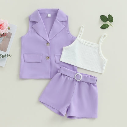 Conjuntos de verano de 3 piezas: blazer + tops tipo camisola + pantalones cortos con cinturón 2-7T