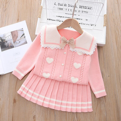 Conjunto de ropa para niños, suéter tejido con lazo y falda plisada, 2 uds.