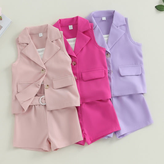 Conjuntos de verano de 3 piezas: blazer + tops tipo camisola + pantalones cortos con cinturón 2-7T