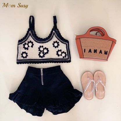 Conjunto de ropa de moda Correa Flor Chaleco + Pantalones cortos 2PCS