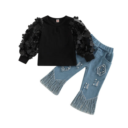 Conjunto de traje de primavera y otoño para niños pequeños, camisetas de malla de manga larga, camisa + pantalones acampanados con borlas de mezclilla