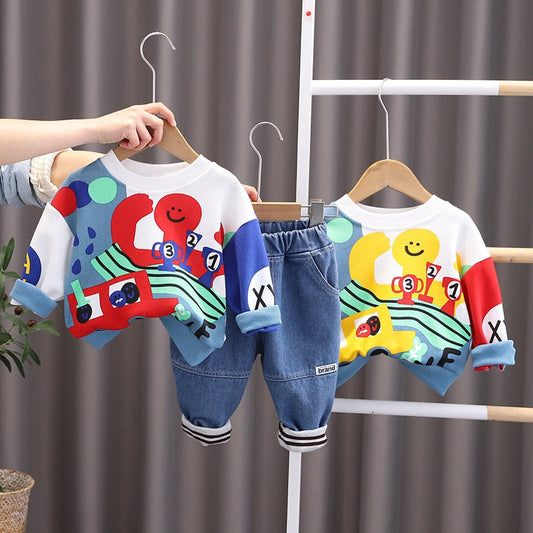 Conjunto de sudadera con jeans lavados con pulpo para niños de 2 piezas