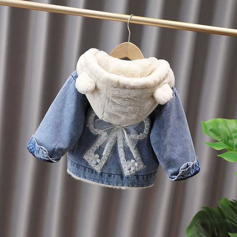 Chaqueta vaquera Lazo Piel Con capucha Terciopelo Ropa de abrigo gruesa para bebé