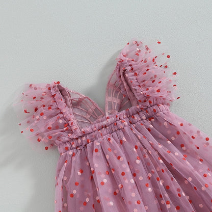 Vestido Manga Corta Estampado Lunares Decoración Mariposa Tul