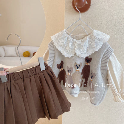 Conjunto Falda Plisada + Suéter Chaleco De Gato + Camisa Conjuntos De 3 Piezas Para Niños