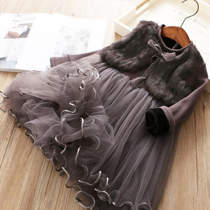 Vestido Infantil De Tul Con Chaleco De Piel