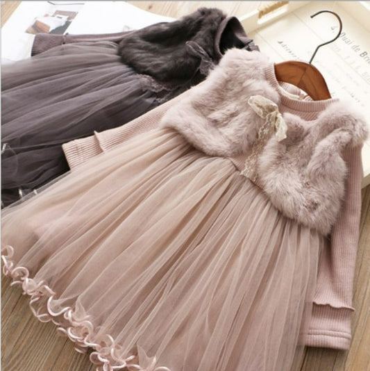 Vestido Infantil De Tul Con Chaleco De Piel