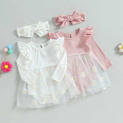 Vestido mameluco de manga larga con volante floral bordado