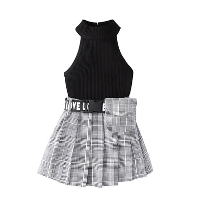 Conjunto de verano, chaleco acanalado liso sin mangas con cuello alto + falda plisada a cuadros + riñonera