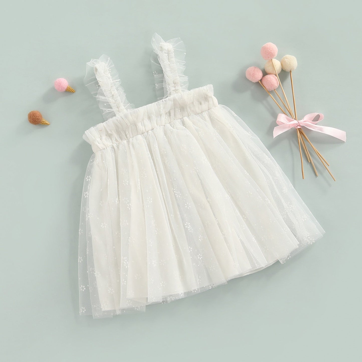 Vestido lencero de estilo dulce para niñas pequeñas, encaje sin mangas con estampado de pétalos de color sólido para niños pequeños ancho