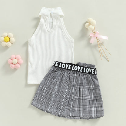 Conjunto de verano, chaleco acanalado liso sin mangas con cuello alto + falda plisada a cuadros + riñonera