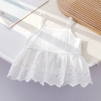 Conjunto de verano para niñas, Tops, tirantes bordados de encaje hueco de algodón