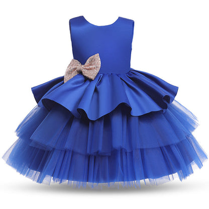 Vestido de Fiesta Infantil Volantes y Lazo Dorado
