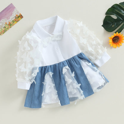 Vestido transparente con solapa y manga larga con estampado de mariposas