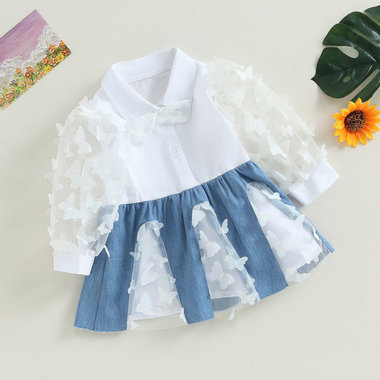 Vestido transparente con solapa y manga larga con estampado de mariposas