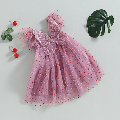 Vestido Manga Corta Estampado Lunares Decoración Mariposa Tul