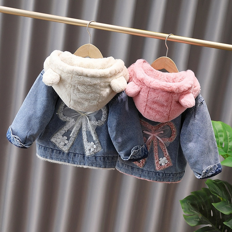 Chaqueta vaquera Lazo Piel Con capucha Terciopelo Ropa de abrigo gruesa para bebé