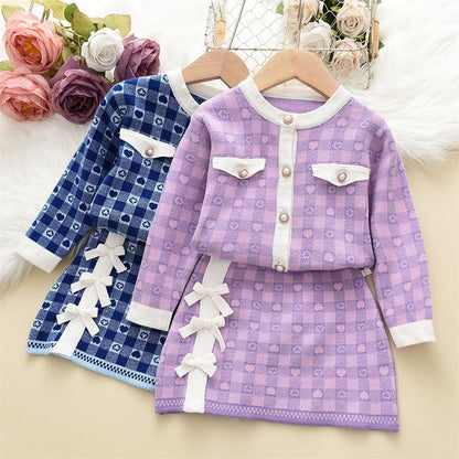 Conjunto Infantil Cárdigan Perlas + Falda Pajarita