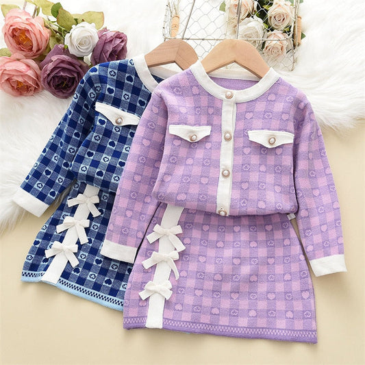 Conjunto Infantil Cárdigan Perlas + Falda Pajarita