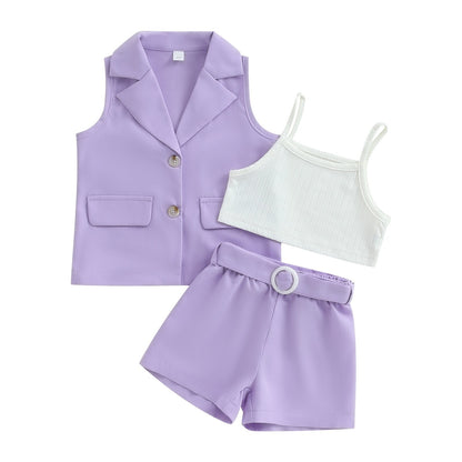 Conjuntos de verano de 3 piezas: blazer + tops tipo camisola + pantalones cortos con cinturón 2-7T