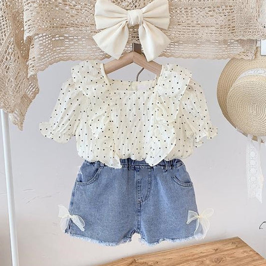 Conjuntos de ropa para niñas, Top con volantes y lunares bonitos, lazo de encaje, novedad de verano