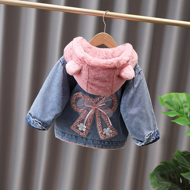 Chaqueta vaquera Lazo Piel Con capucha Terciopelo Ropa de abrigo gruesa para bebé