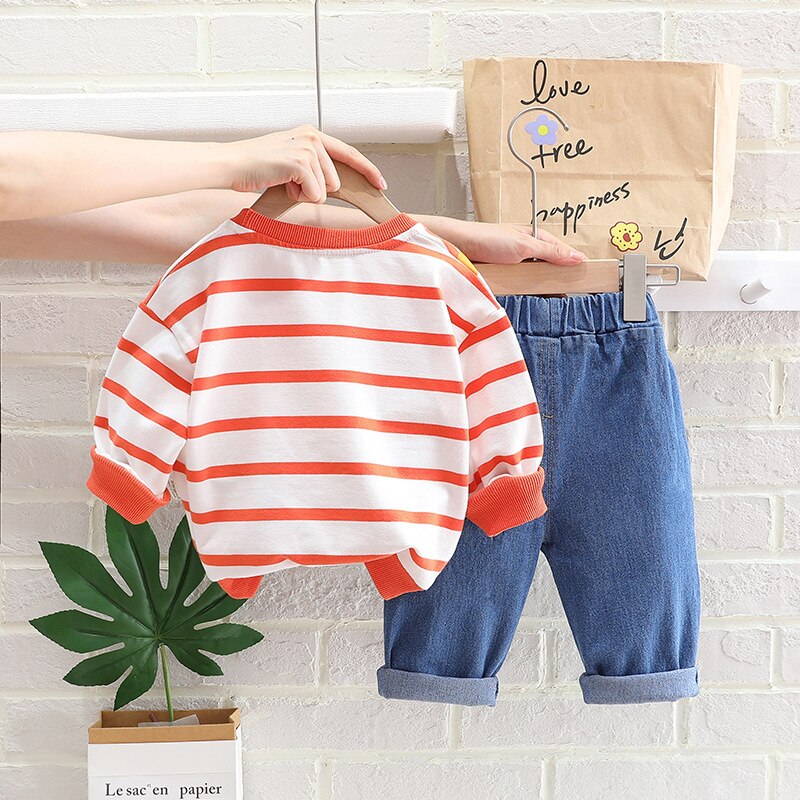 Conjunto de manga larga a rayas con aplique de bolso