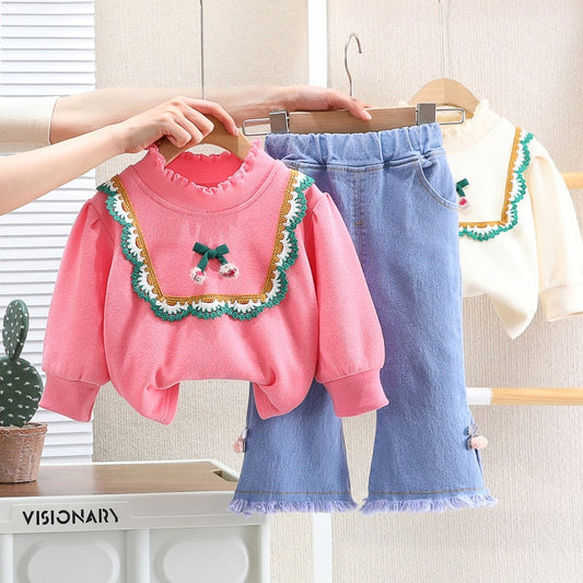 Conjunto de ropa de 2 piezas, sudadera de encaje bordado de manga larga, pantalones vaqueros lavados