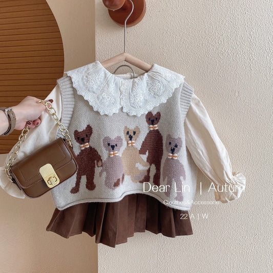 Conjunto Falda Plisada + Suéter Chaleco De Gato + Camisa Conjuntos De 3 Piezas Para Niños