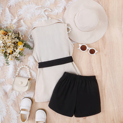 Conjunto de 4PCS Verano 4-7T (Top, corto, chaleco, abrigo con cinturón y sombrero)