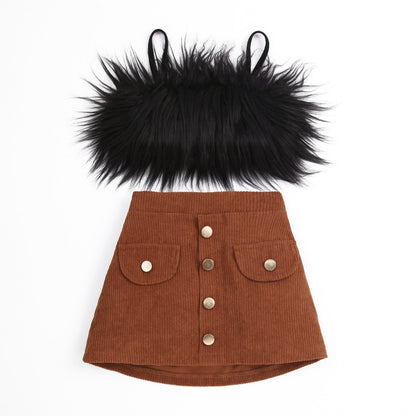 Conjunto camisola sin mangas de plumas + falda de pana acampanada con botones de cintura alta