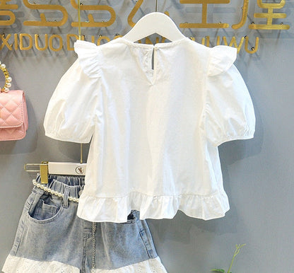 Conjunto corto para niños pequeños, camisa blanca con mangas abullonadas y pantalones cortos de encaje, parte inferior