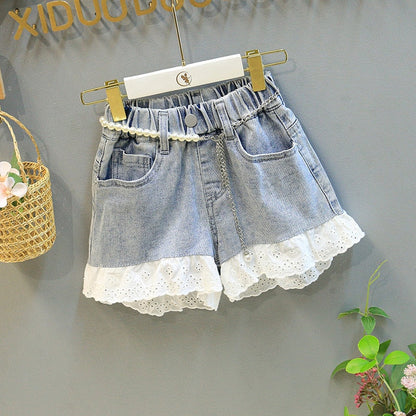 Conjunto corto para niños pequeños, camisa blanca con mangas abullonadas y pantalones cortos de encaje, parte inferior