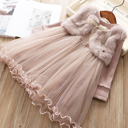 Vestido Infantil De Tul Con Chaleco De Piel
