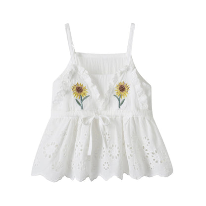 Conjunto de verano para niñas, Tops, tirantes bordados de encaje hueco de algodón