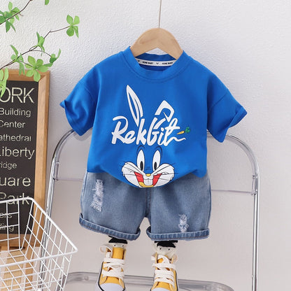 Conjunto Camiseta De Manga Corta Conejo De Dibujos Animados Pantalones Cortos De Mezclilla Con Agujeros