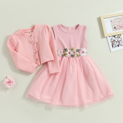 Conjunto de 2 piezas, vestido de flores sin mangas, chaqueta informal de manga larga