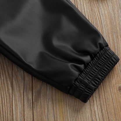 Conjunto de tops de cuero con cremallera y cuello vuelto de manga corta negros