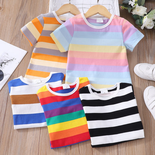 Camiseta de manga corta de algodón con rayas arcoíris