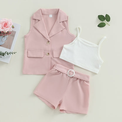 Conjuntos de verano de 3 piezas: blazer + tops tipo camisola + pantalones cortos con cinturón 2-7T