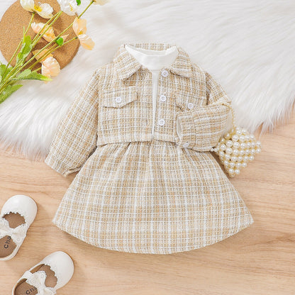 Conjunto de vestido de manga larga a cuadros