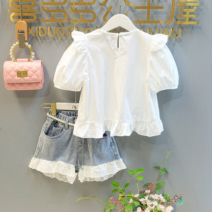 Conjunto corto para niños pequeños, camisa blanca con mangas abullonadas y pantalones cortos de encaje, parte inferior