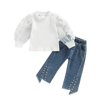 Conjunto de 2 piezas, pantalones vaqueros con abertura de flores y manga larga, pantalones con cuentas, traje de otoño