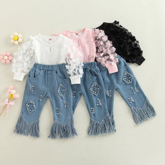 Conjunto de traje de primavera y otoño para niños pequeños, camisetas de malla de manga larga, camisa + pantalones acampanados con borlas de mezclilla