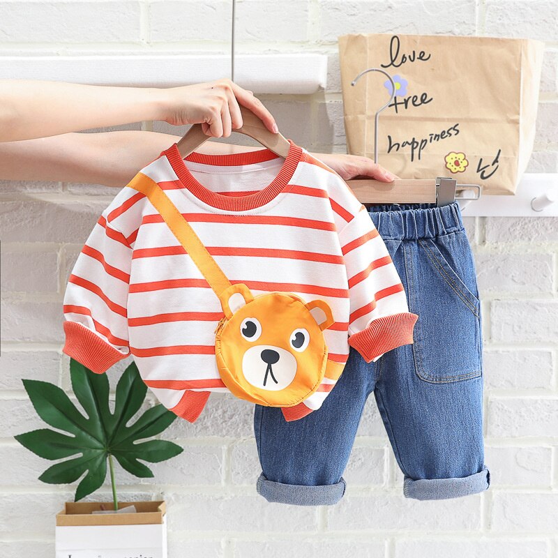 Conjunto de manga larga a rayas con aplique de bolso