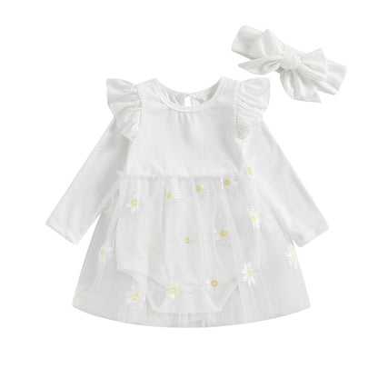 Vestido mameluco de manga larga con volante floral bordado