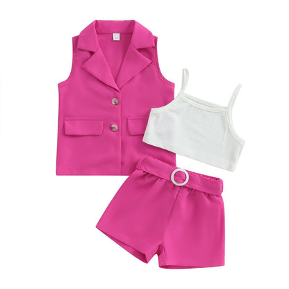 Conjuntos de verano de 3 piezas: blazer + tops tipo camisola + pantalones cortos con cinturón 2-7T